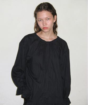 SINOON Puff Shirring Stripe Blouse (Black)