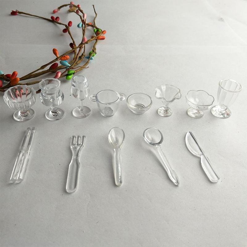 13Pcs/Set Mini Transparent Kitchenware Toy Drink Cups Dish Plate Tableware Miniatures Diy Pretend Play Mini Plastic Cup Toy
