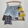 Amerikanisches Retro-Karomuster-Spleißdesign Frühling und Sommer Neu Hochtailliert A-Linie Denim Unregelmäßiger Rock Damen Trend