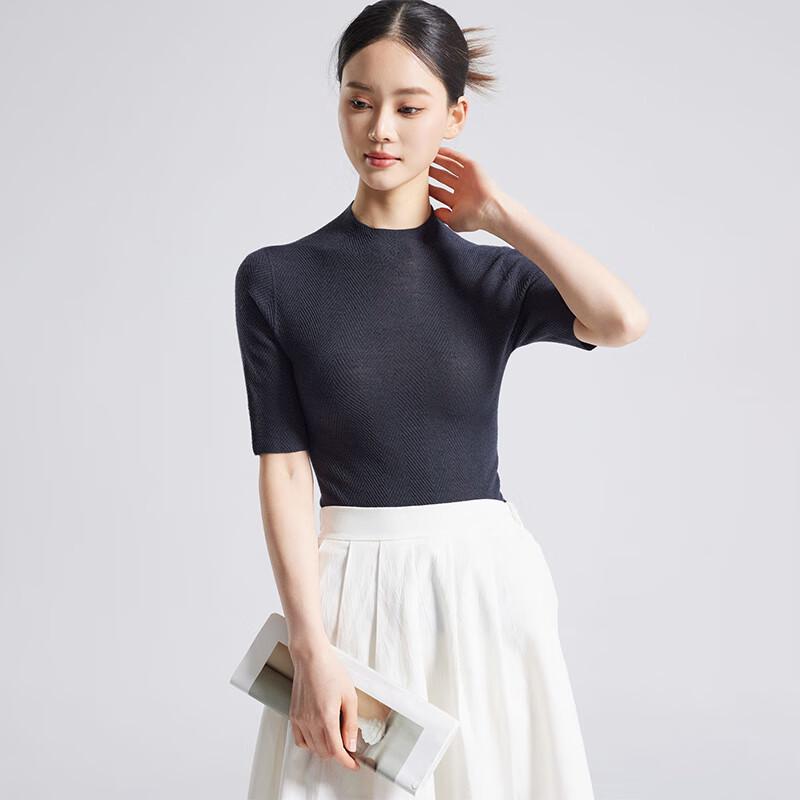 Fengxun Women's Silk Blend Stand Collar Mid-Sleeve Knit Top