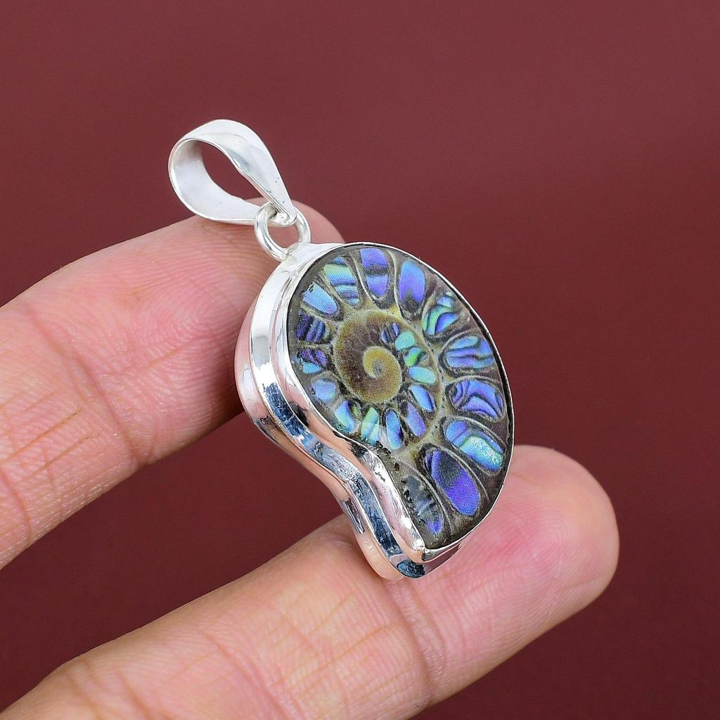 Abalone shell in ammonite doublet opal pendant gemstone pendant handmade jewelry 925 sterling silver pendant birthstone pendant anniversary gifts