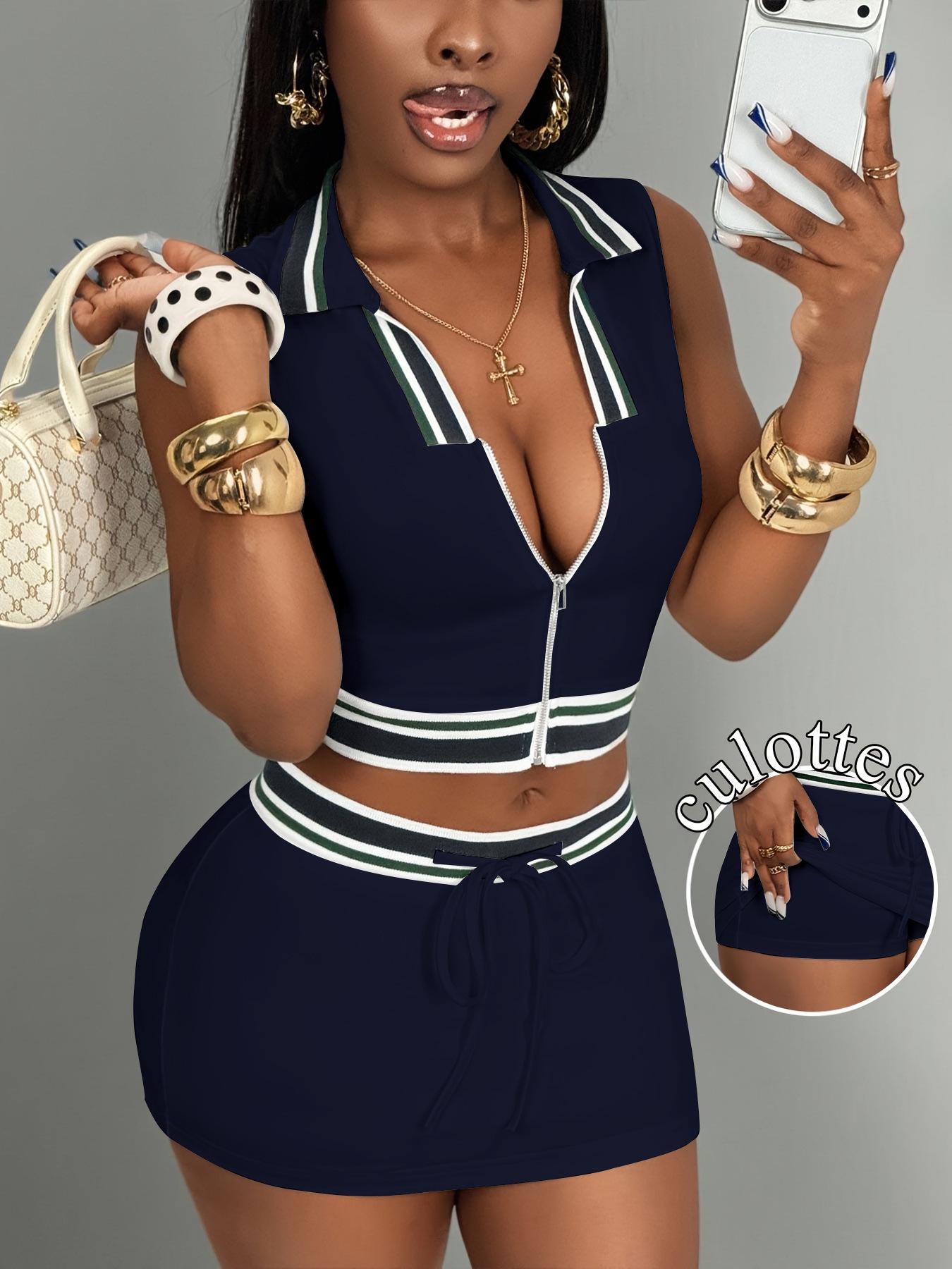 

Women s Casual Sleeveless Sport Shirt Collar Top & Lace-up Skirt Set Small темно-синього кольору
