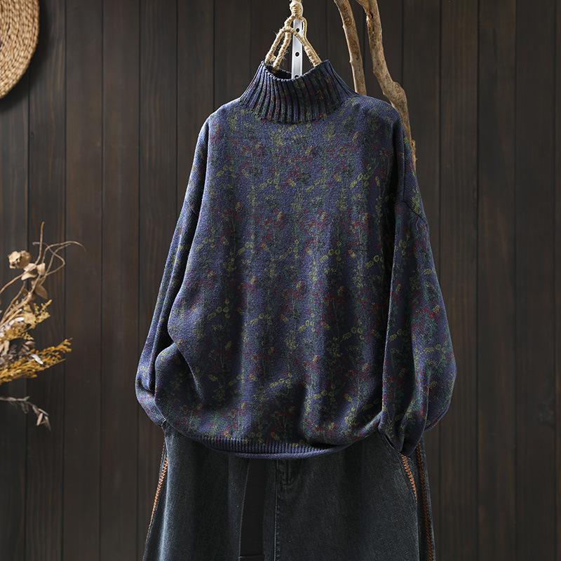 Women's Long Sleeve Turtleneck Sweater Mock Neck Floral Vintage Japanese Casual Pullover Knit Top