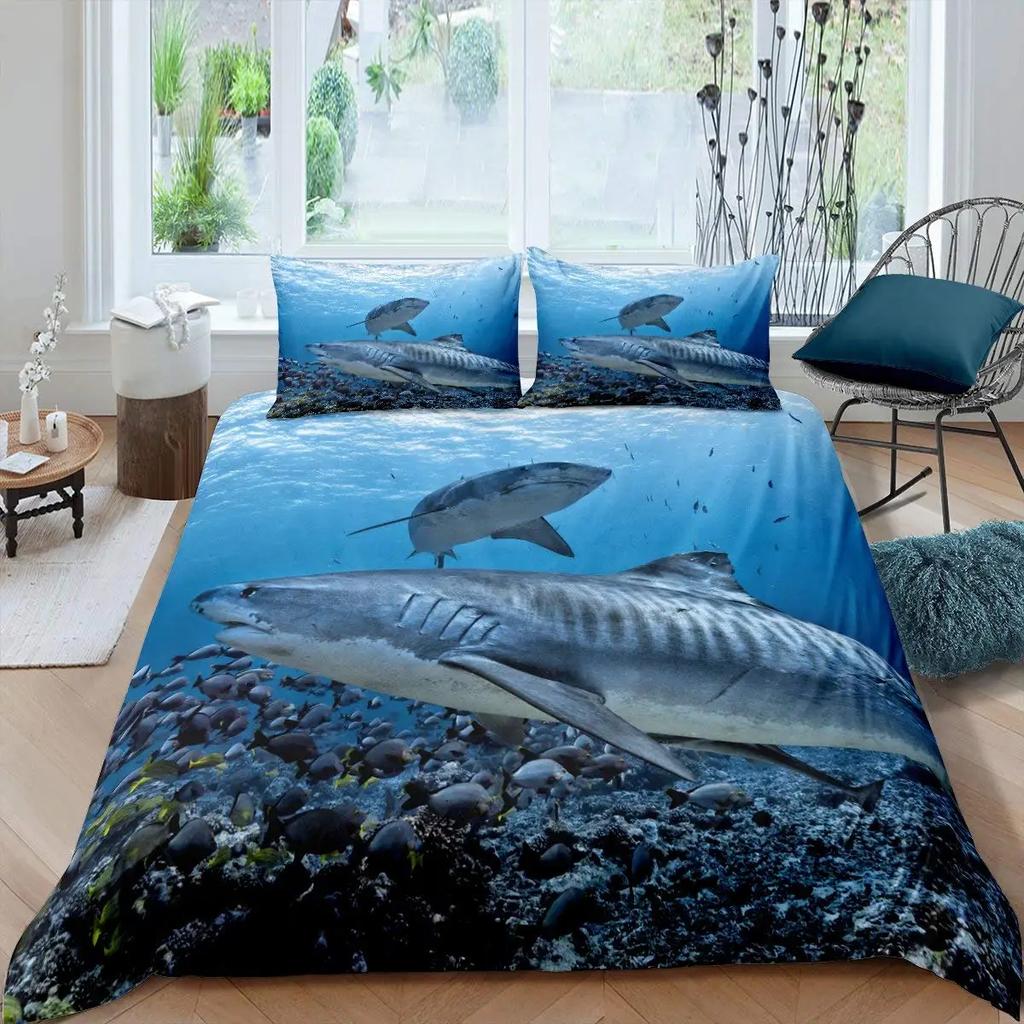 Shark Duvet Cover Ocean Watercolor Fish Quilt Cover Sea Animal Marineland Theme Decoration Bedding For Children Boys Girls Gifts