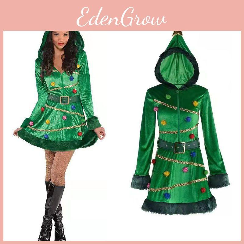Uroczy Damski Strój z Sukienką Choinkową i Paskiem, Długi Rękaw, Cosplay, Prezent na Boże Narodzenie