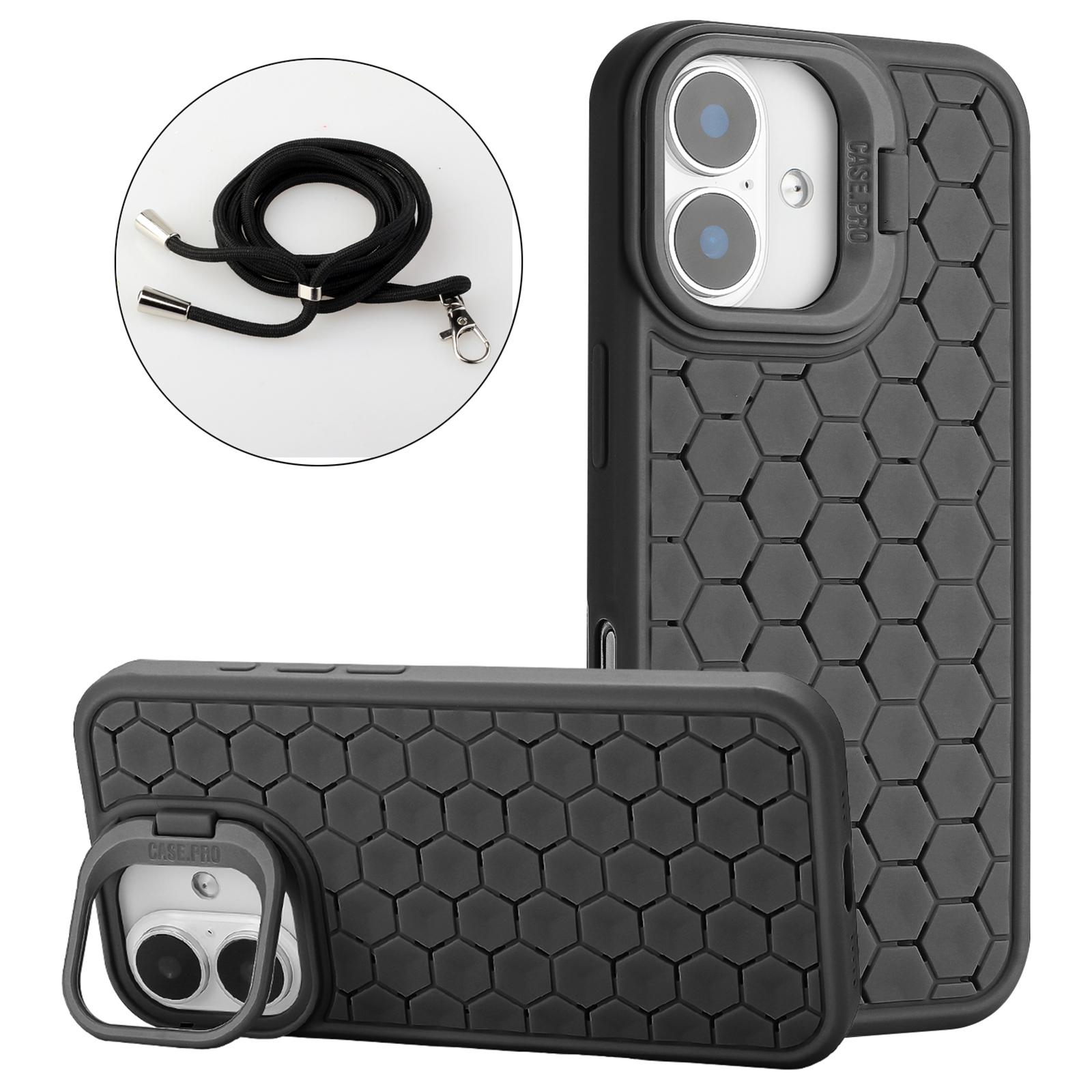 

For iPhone 16 TPU Case Kickstand Heat Dissipation Phone Cover with Lanyard Black