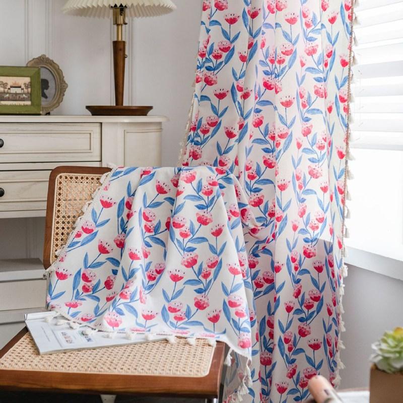 Bohemian Style Cotton Linen Small Floral Printing Tassel Window Curtain Blackout Valance Bedroom Living Room Semi-shading Drape