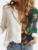 Fashion Stitching Retro Face Print Long Sleeve Blouse Women Lapel Button Casual Top Lady Shirts
