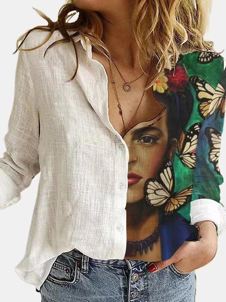 Fashion Stitching Retro Face Print Long Sleeve Blouse Women Lapel Button Casual Top Lady Shirts