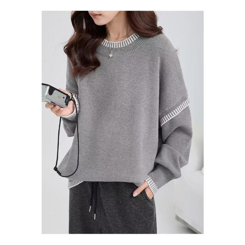 New autumn and winter black and white contrasting color edge crew neck sweater women's simple versatile loose lazy wind knitted sweater