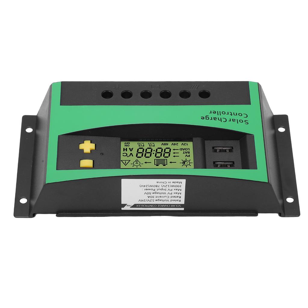 Solar Charge Controller PWM Panel Regulator 12V 24V 30A with 2 USB 5V Outputs RV Boat Supplies