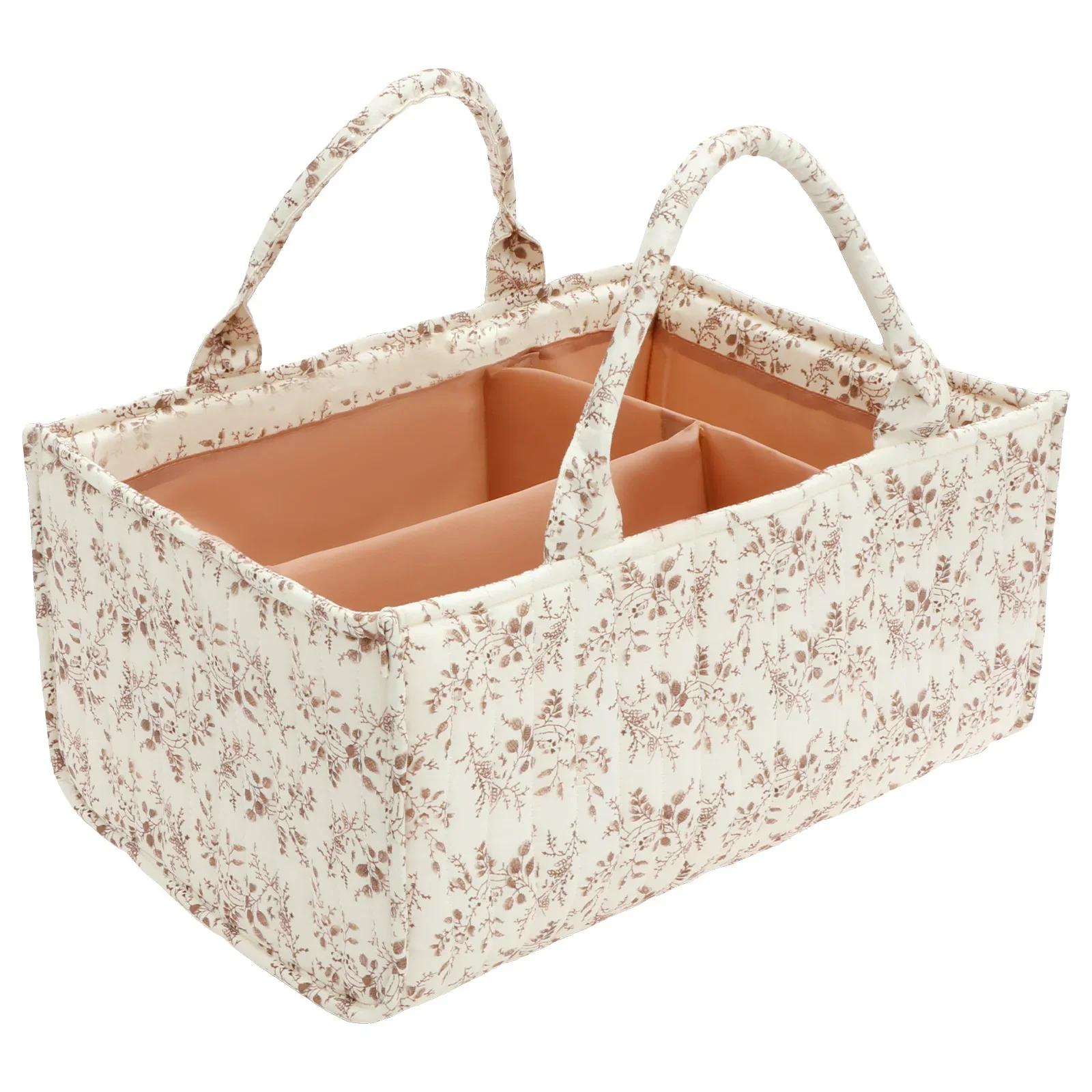 

Органайзер для подгузников с цветочным принтом, с ручками и съемными перегородками, портативная корзина для хранения в детской, универсальная корзина для хранения детских вещей