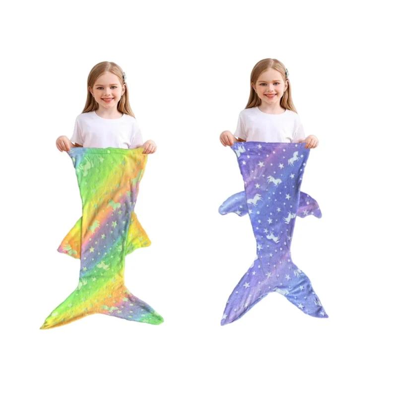 2026 New Night Glow Cartoon Rainbow Unicorn Mermaid Tail Blanket Flannel Wearable Super Soft Glow Gifts for Girls All Seasons