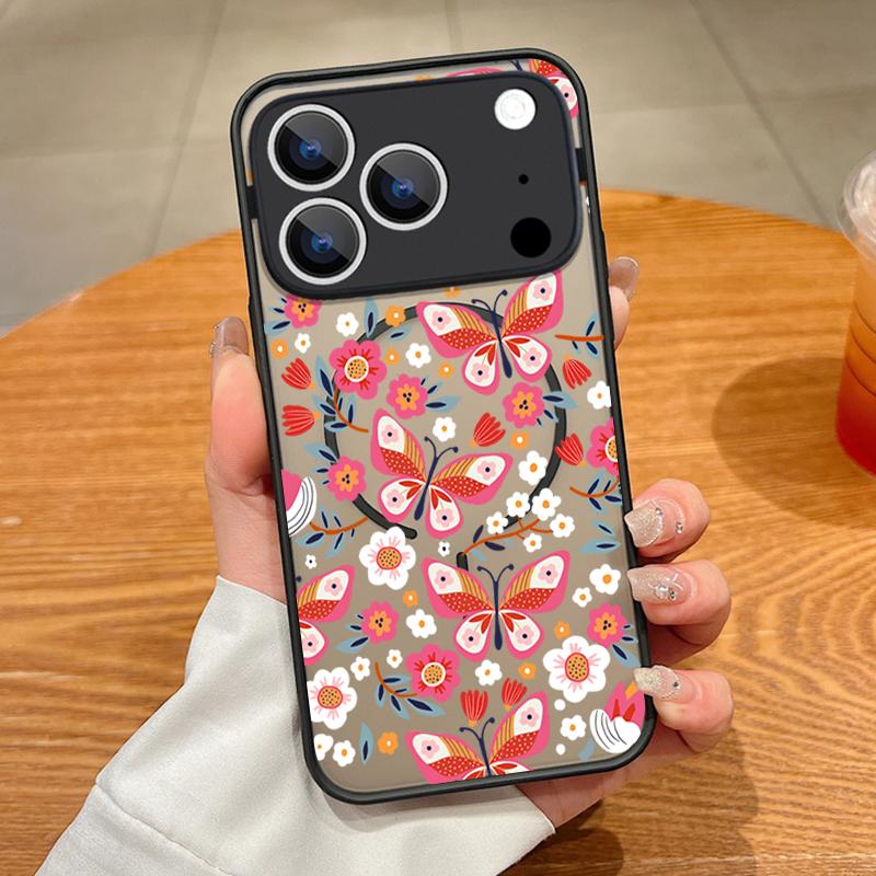 Creative Butterfly Flowers Pattern Case For iPhone 17 Pro Max Magnetic For Magsafe Matte Cover For iPhone 16 Pro Max 15 14 13 16E Air