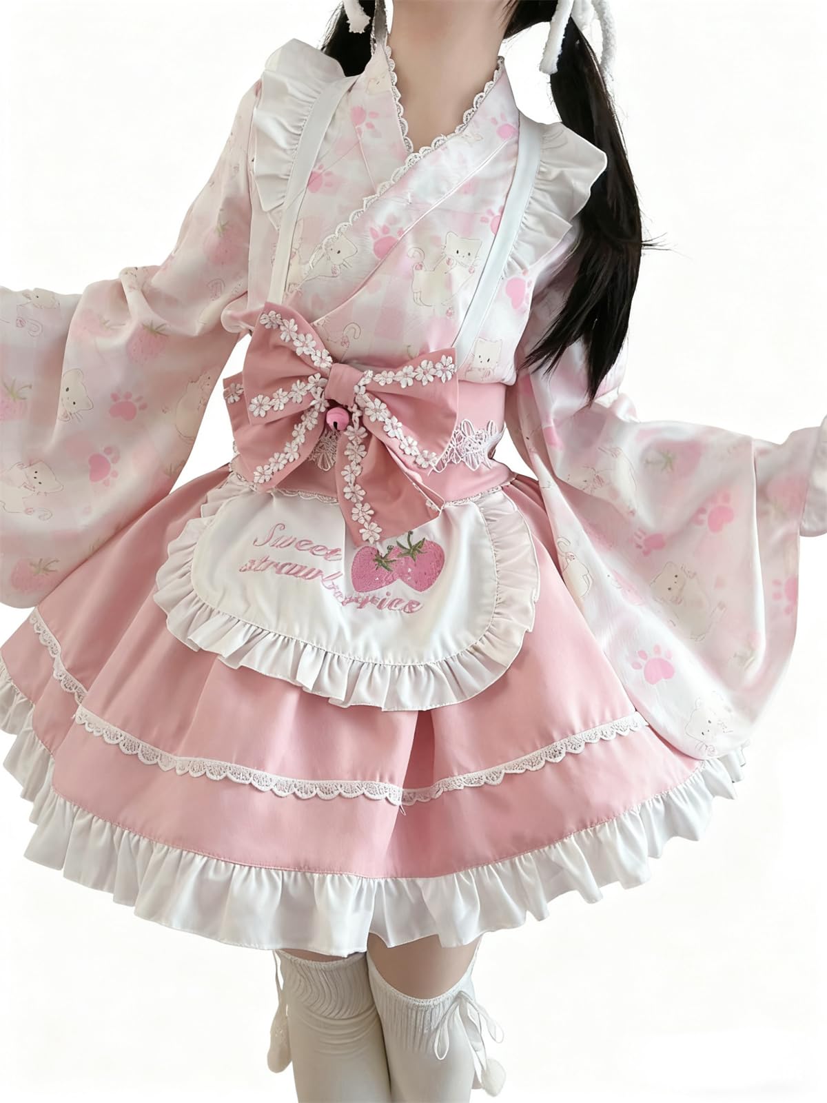 CAWILXHA Lolita Dress, Cosplay Costume, Japanese Style, Light Blue and Pink, Princess Sleeves, Long Sleeves, Mori Girl, Dreamy Cute Costume, Halloween