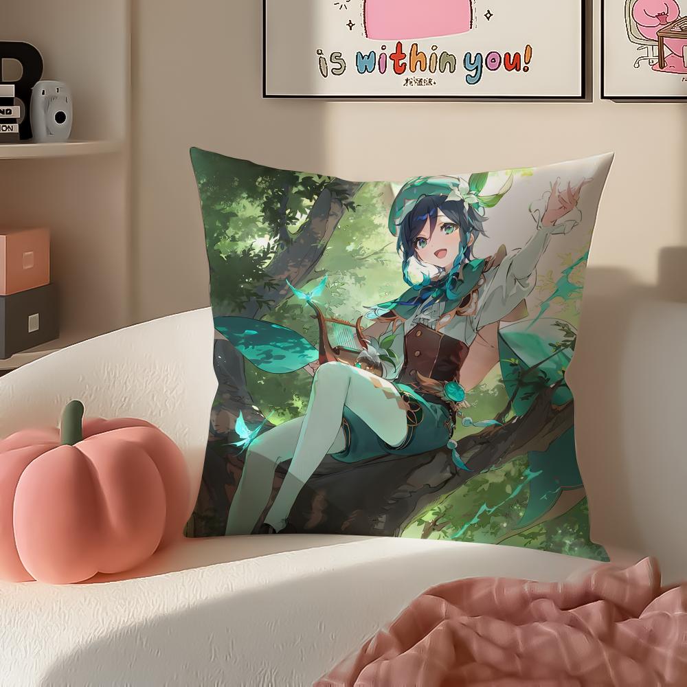 Game Genshin Venti Cushion Cover Pillowcase Short Plush Invisible zipper Room Sofa Cushion Cover