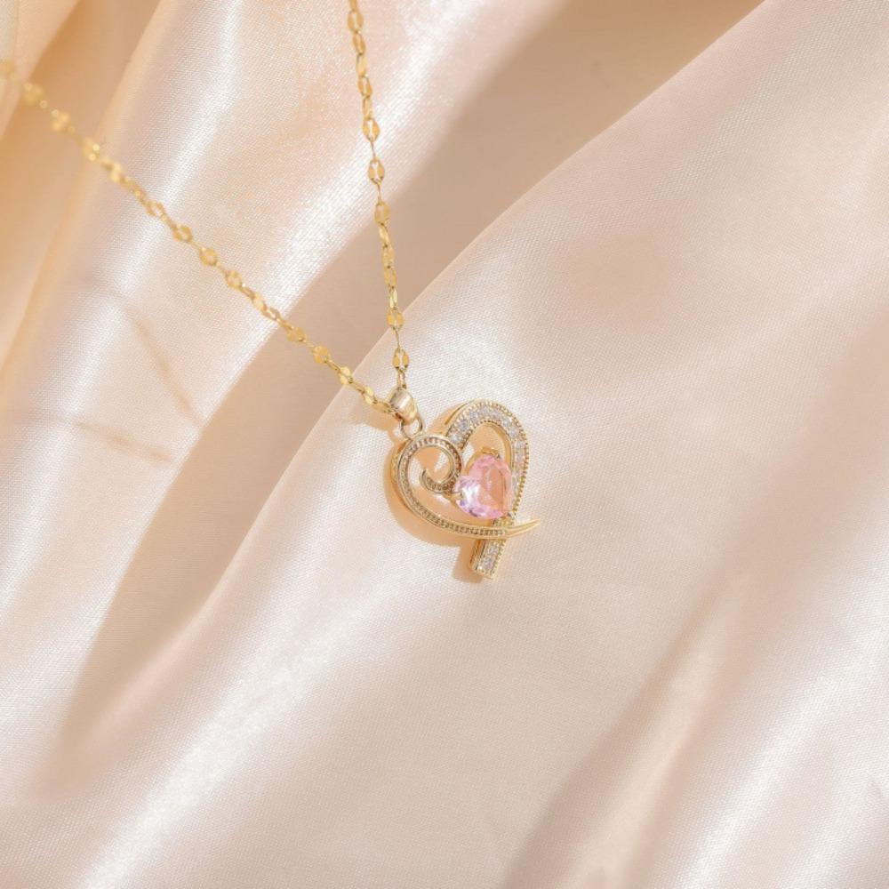 Sparkling Heart Zirconia Necklace, Golden Plated Chain, Bridal Jewelry for Wedding & Party
