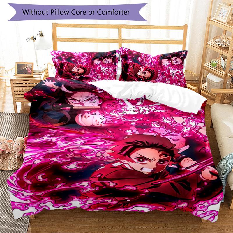3-teiliges Demon Slayer Muster Bettwäscheset Bettbezug-Set enthält Bettbezug & Kissenbezüge, perfekte Ganzjahres-Schlafzimmerdekoration & Geschenk