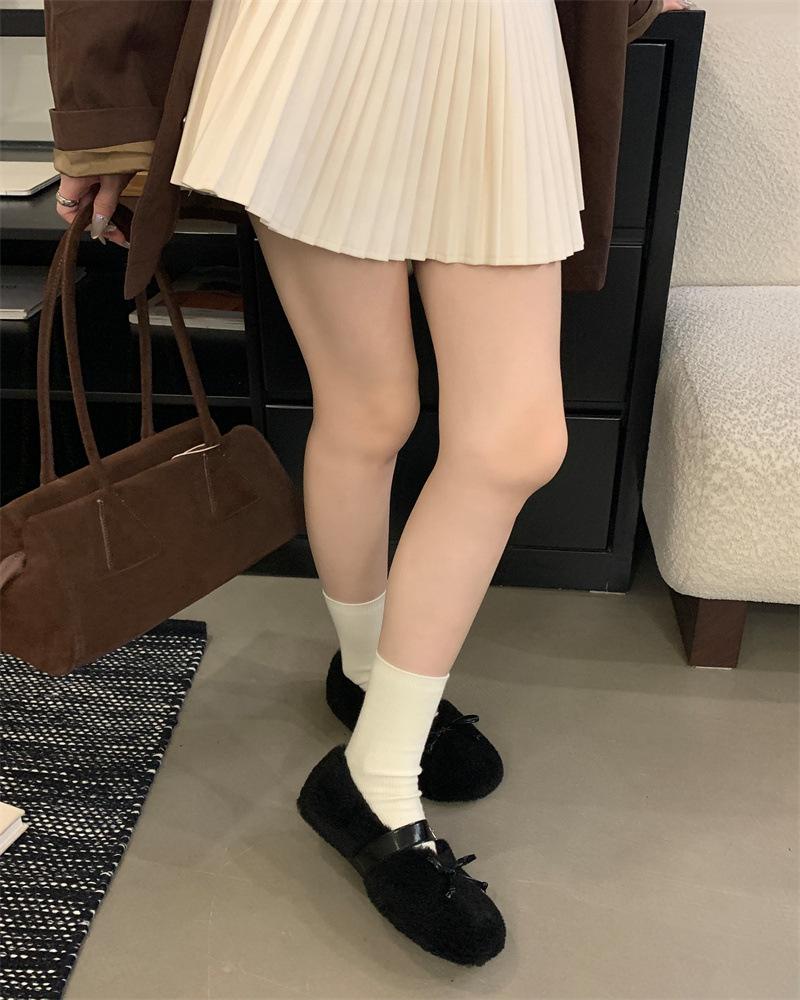 Bow-tie Fluffy Ballet Shoes Women's Winter New Round Head Wool Integrated Casual Warm Thick-soled Flat-soled Single Shoes