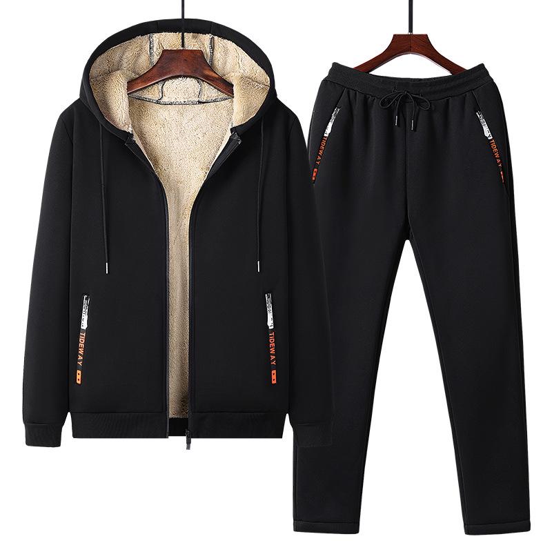 Men's Winter Fleece Lined Lambswool Coat and Pants Set - Outdoor Casual Sportswear, Plus Size Available