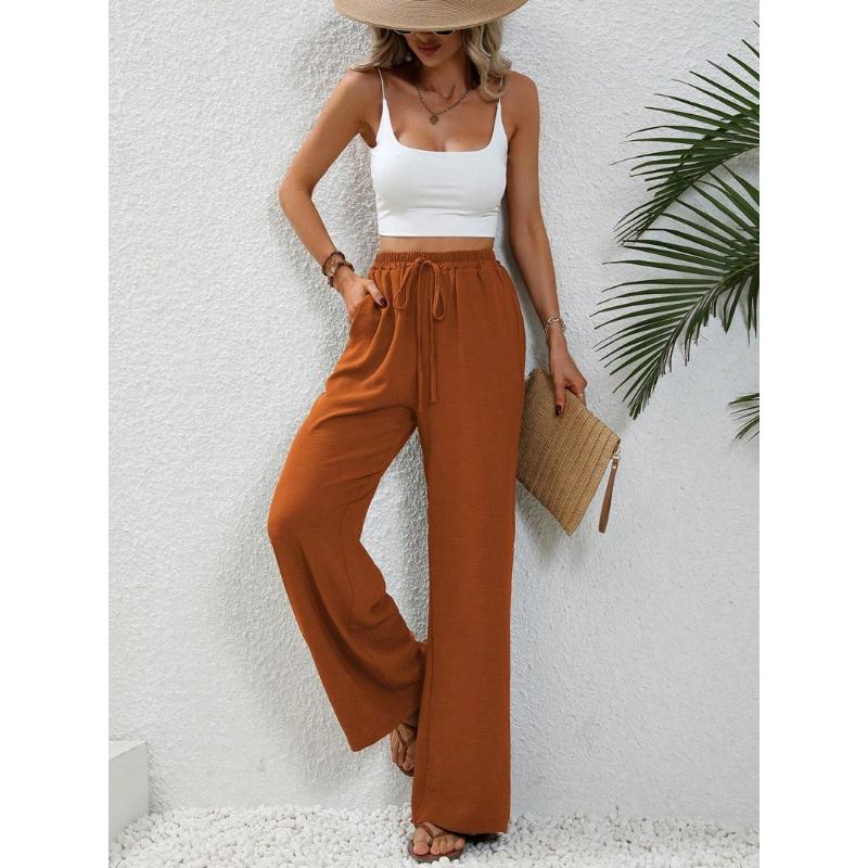 New Women's Solid Color Floor-Length Wide Leg Pants, Elastic Waist with Drawstring, Casual Versatile Trousers for Spring Summer