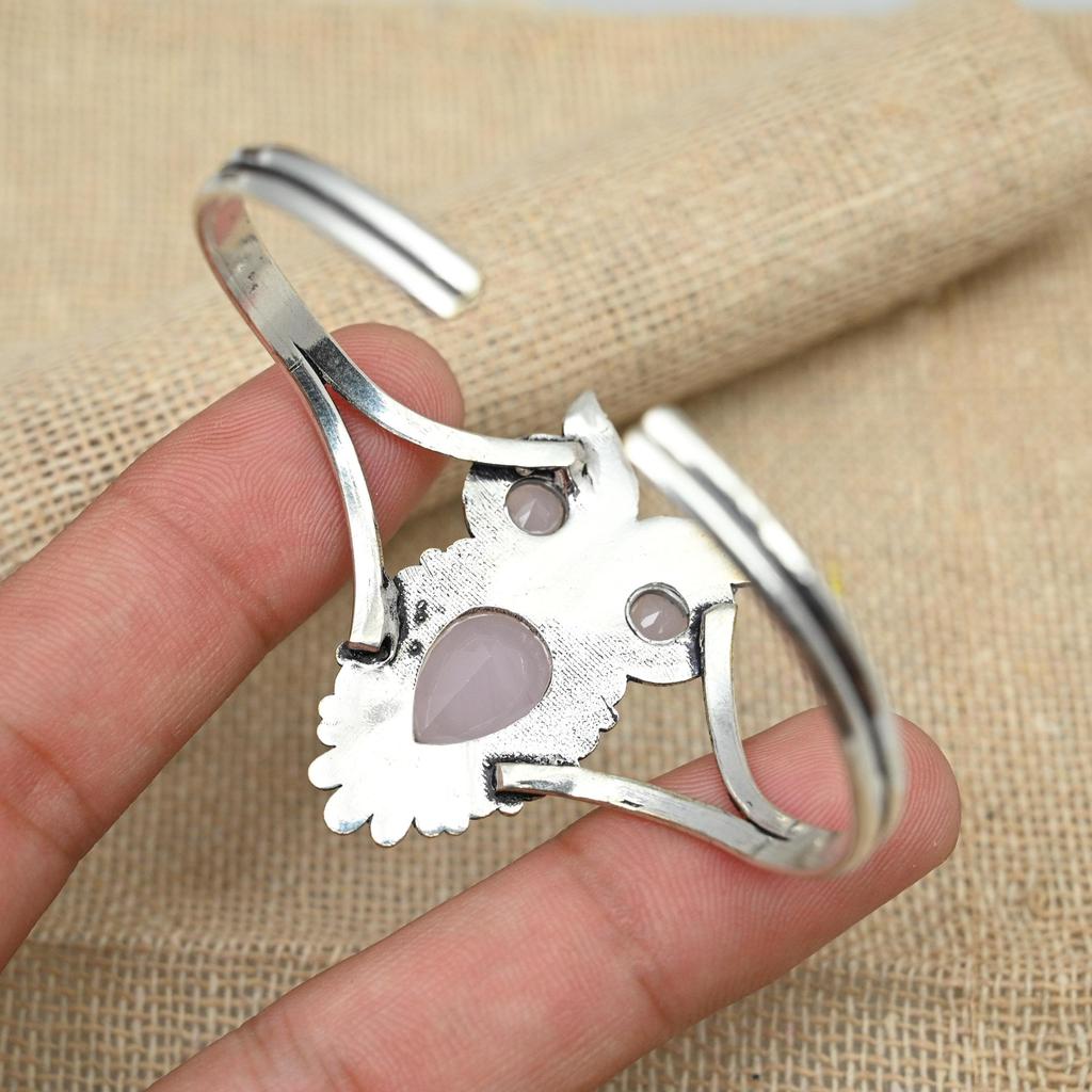 Pink Chalcedony Gemstone Jewelry 925 Sterling Silver Handmade Bracelet Cuff Adjustable Owl Design Bangle