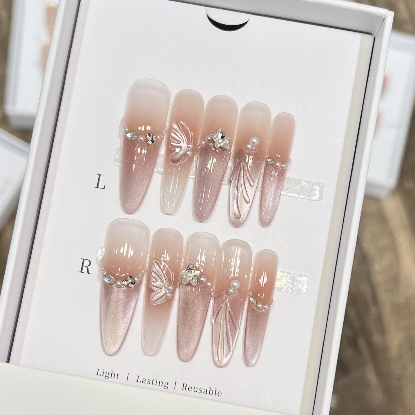 

Ручная работа Armor-nude Crystal Stone Cat Eye French Blush Flashing Diamond Butterfly Manicure Large L