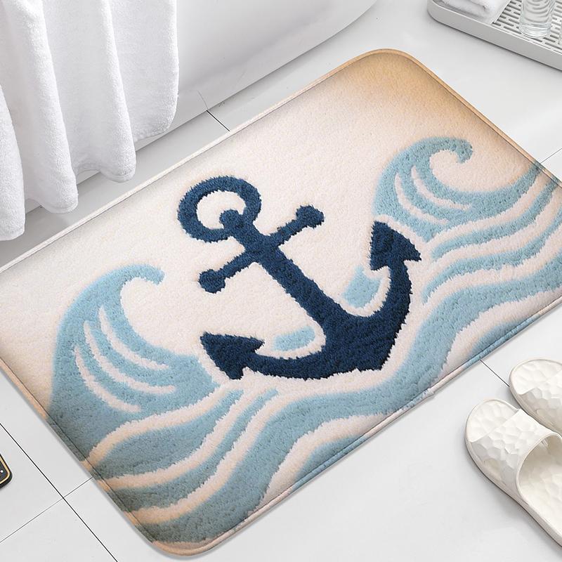 Wave Seahorse Pattern Bathroom Door Mat, Water Absorbent Small Carpet, Toilet Seat Mat, Decorative Floor Mat, Machine Washable