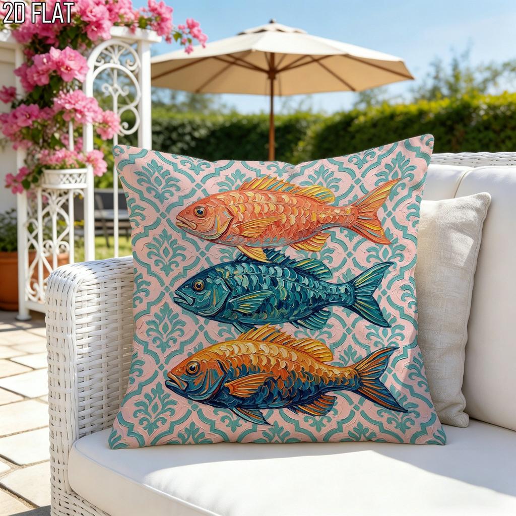 Colorful Fish Throw Pillow Cover Coastal Damask Print Cushion Case For Nautical Beach Home Decor