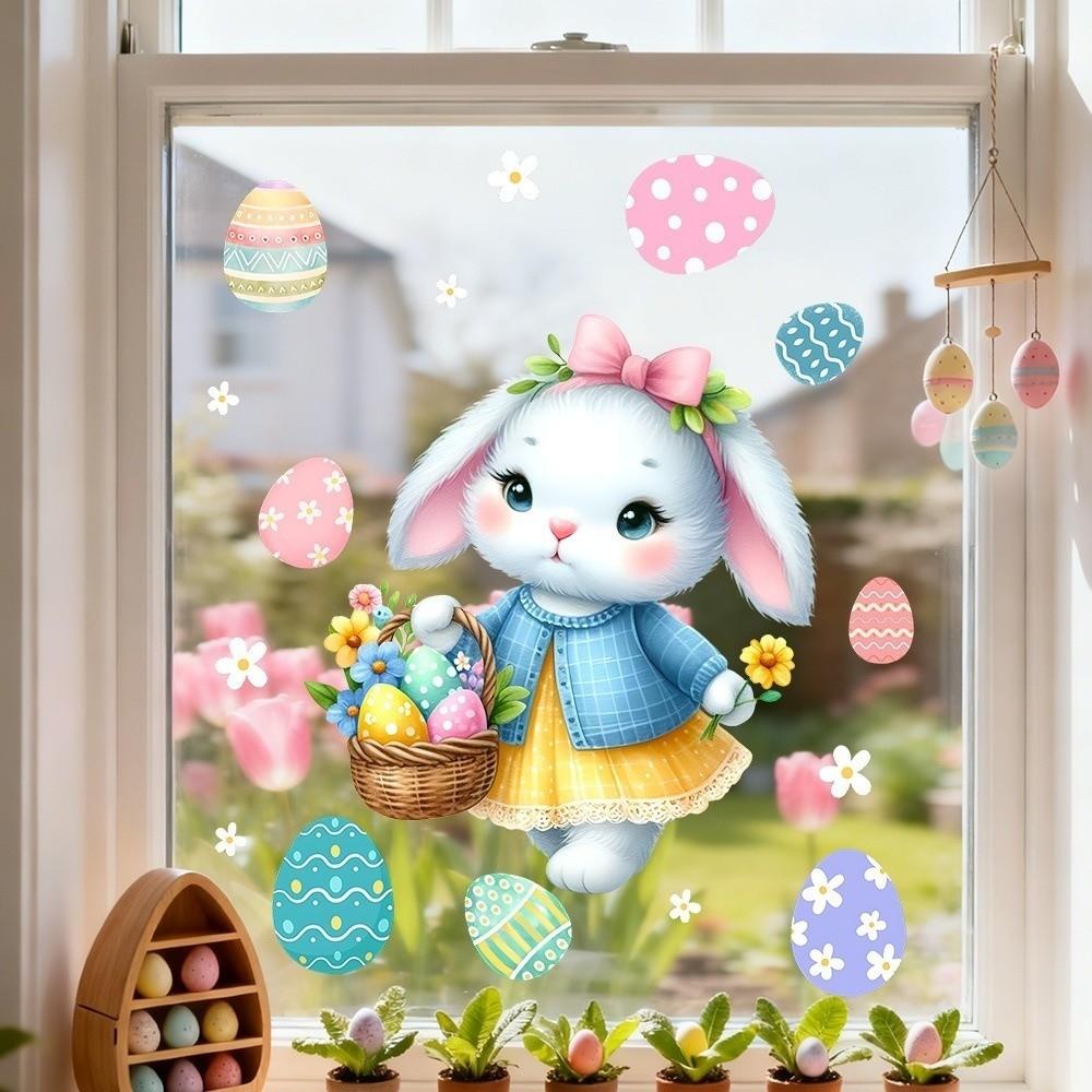 New Easter Flower Rabbit Sticker Self-Adhesive PVC Festival Party Sticker Removable Waterproof Wall Decal Wall Decoration