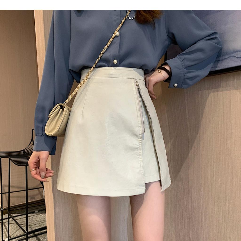 Versatile skirt children's spring and autumn fashion zipper PU leather skirt, thin high-waisted a-word culottes