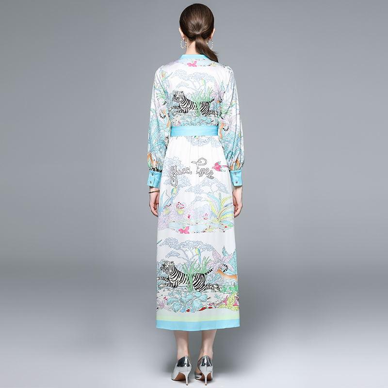 Spring Autumn Women Designer Vintage Print Runway Dress O-neck Long Maxi Party Shirt Dresses