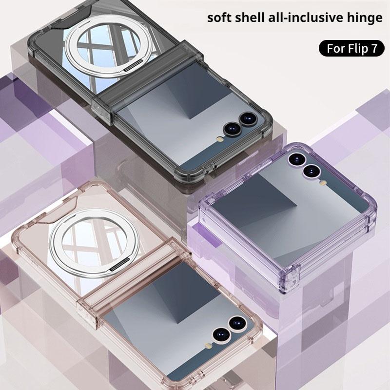 Silicone Airbag Bumper Soft Case For Samsung Galaxy Z Flip7 With Holder Hinge Cover Lens Protect Anti Drop Case