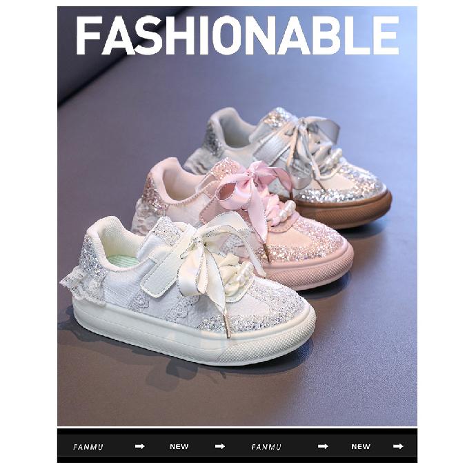 Girls' Crystal Sequin Casual Shoes2026New Spring and Autumn Non-Slip Soft Sole White Shoes for Children and Older Kids Sports Shoes