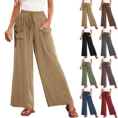 Women's Loose-Fit Casual Wide-Leg Pants With Pockets, Drawstring Waist, And Elastic Waistband
