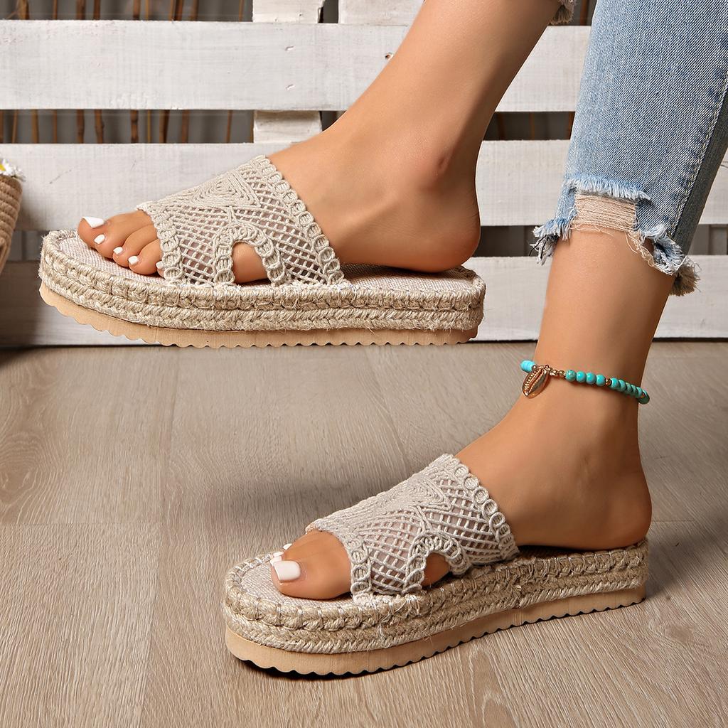 Fashion Natural Straw Crochet Net Slide Sandal Woman Vintage Espadrille Mule Ladies Thick Sole Linen Canvas Slipper Summer Vacation Shoe