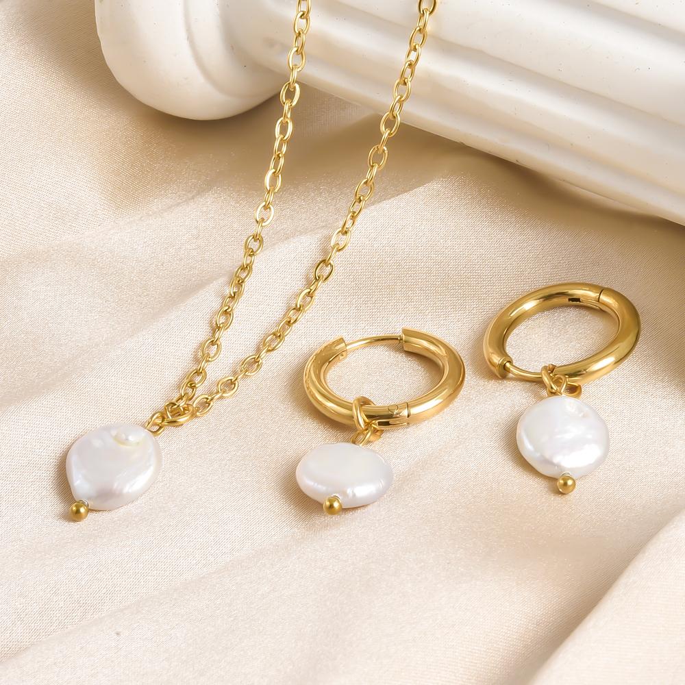 Irregular Flat Round Natural Pearl Necklace&Hoops Earrings Set 304 Stainless Steel Jewelry For Women Men Accessories Trendy Gift