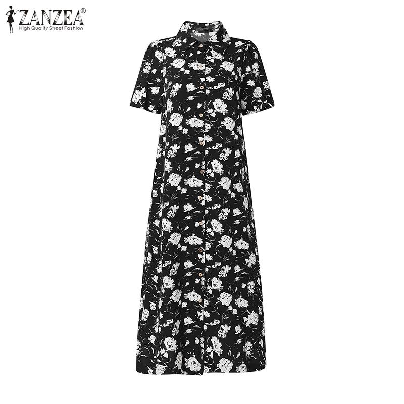 ZANZEA Women Casual Turn Down Collar Short Sleeve Floral Shirt Dress