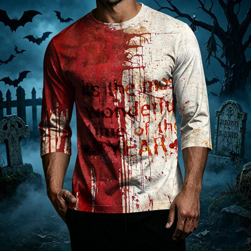 Men's Casual Halloween Print Crew Neck T-Shirt Three Quarter Sleeve Top Lightweight Comfortable Fit