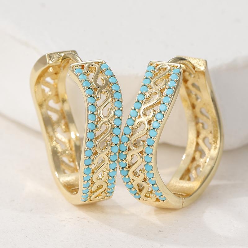 Luxurious Hollowed Hand Carved Golden Plated Inlaid Synthetic Turquoise Hoop Earrings for Women's Bohemian Style Holiday Jewelry