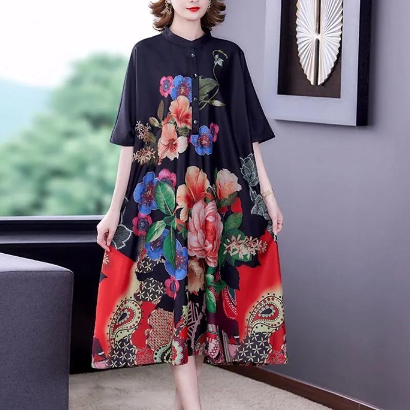 Women's Black Floral Print Midi Batwing Sleeve Loose Casual Party Dress