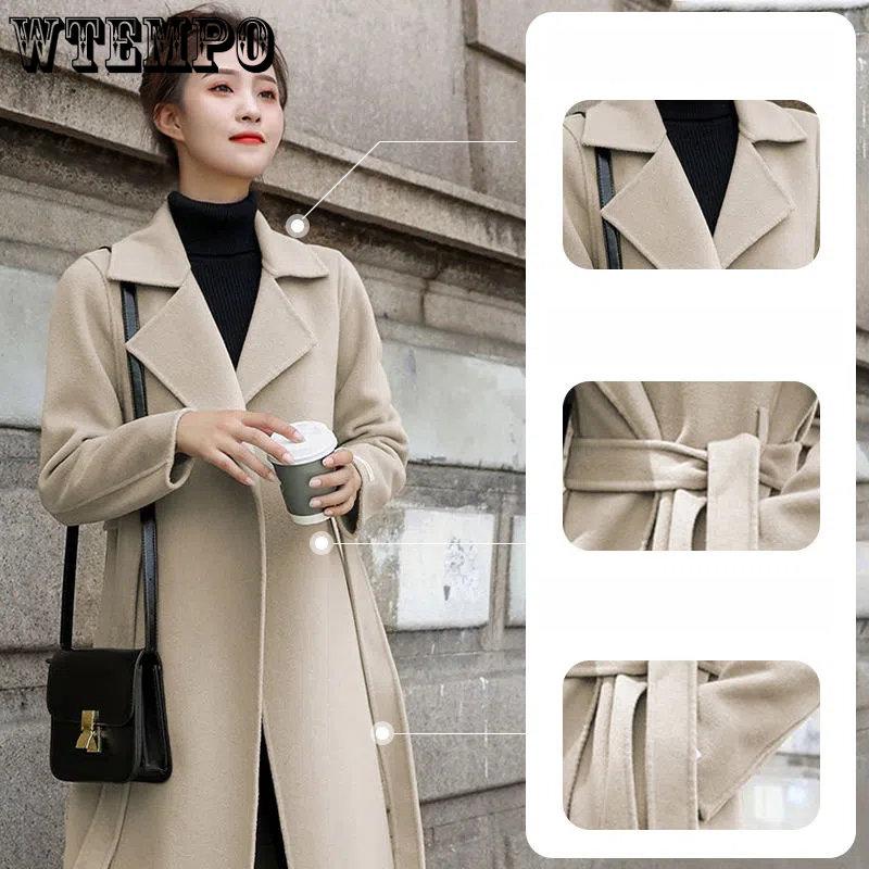 WTEMPO Elegantes Abrigos de Mujer con Cuello Solapa y Lazo de Cinturón Abrigo Vintage de Manga Larga Sólido de Lana Ropa Exterior Larga Casual Holgada