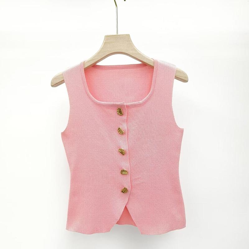 French Retro U-Neck Single-Breasted Sleeveless Slim Vest Solid Color Knitted Vest For Women