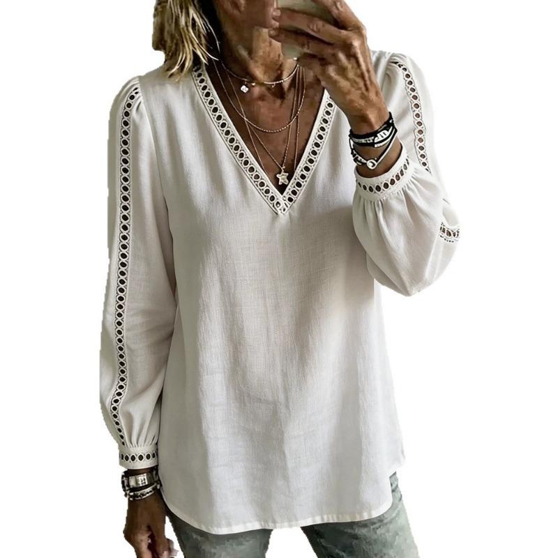 Hollow Out Loose Women's Blouse 2026 Long Sleeve V Neck Spring Autumn Lace Shirt Vintage Casual Solid Color Tops for Daily Life