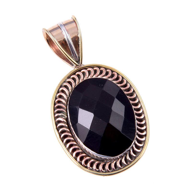Natural Black Onyx Gemstone 925 Solid Sterling Silver TwoTone Pendant 1.50" g7z99