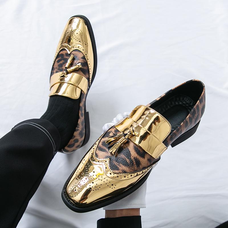 Fashion Metallic Leopard Print Color Glossy Finish Leather Casual Slip on Non-slip Men Fashionable Men's Party Dance Stage Loafer Shoes