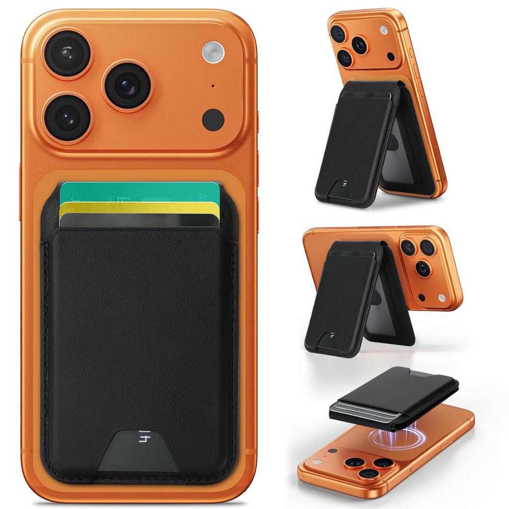 MagneticCard Holder Stand Leather Phone Back Wallet with Rotating Hinge Detachable Kickstand for iPhone Stick-on Desktop Stand for Credit Cards