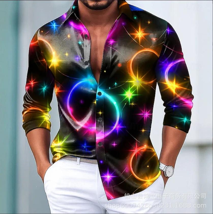 Galaxy Print Long Sleeve Shirt, Stylish Men's Button-Down Shirt for Trendy Casual Wear
