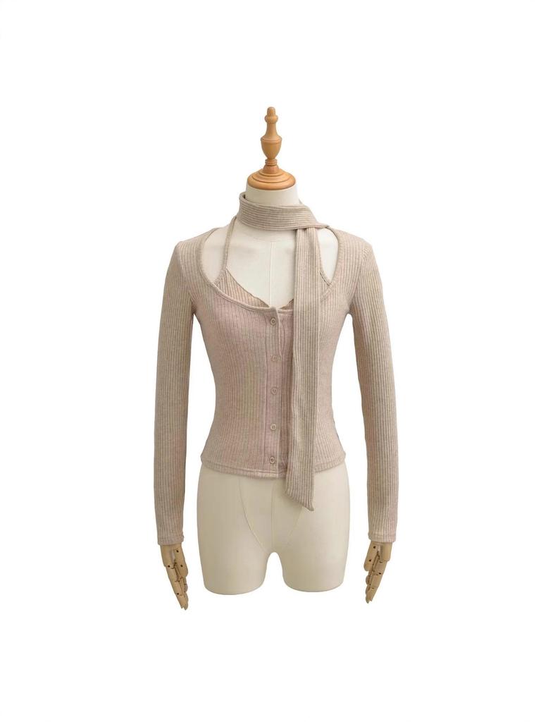 Temperament Pure Desire Spliced Faux Two-Piece Turtleneck Tie Imitation Cashmere Long Sleeve Tee with Flowing Ribbon Scarf for Women