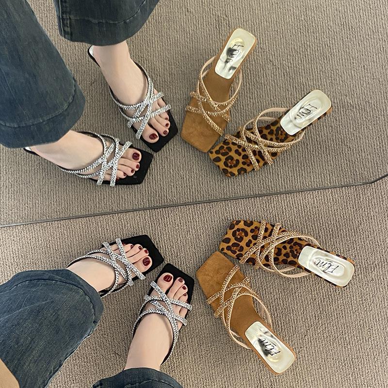 Slope Heel Leopard Print French Stunning Small Cool Slippers Fairy Shoes 2025 New Summer Comfortable Wear High Heel Temperament